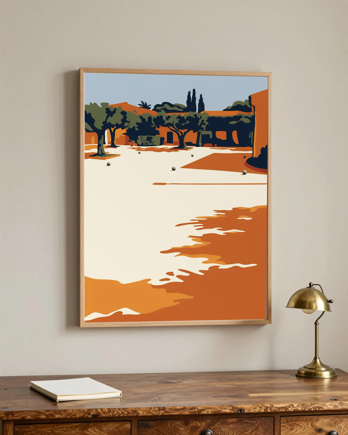 Le Tableau — La Pétanque, toile encadrée chêne clair