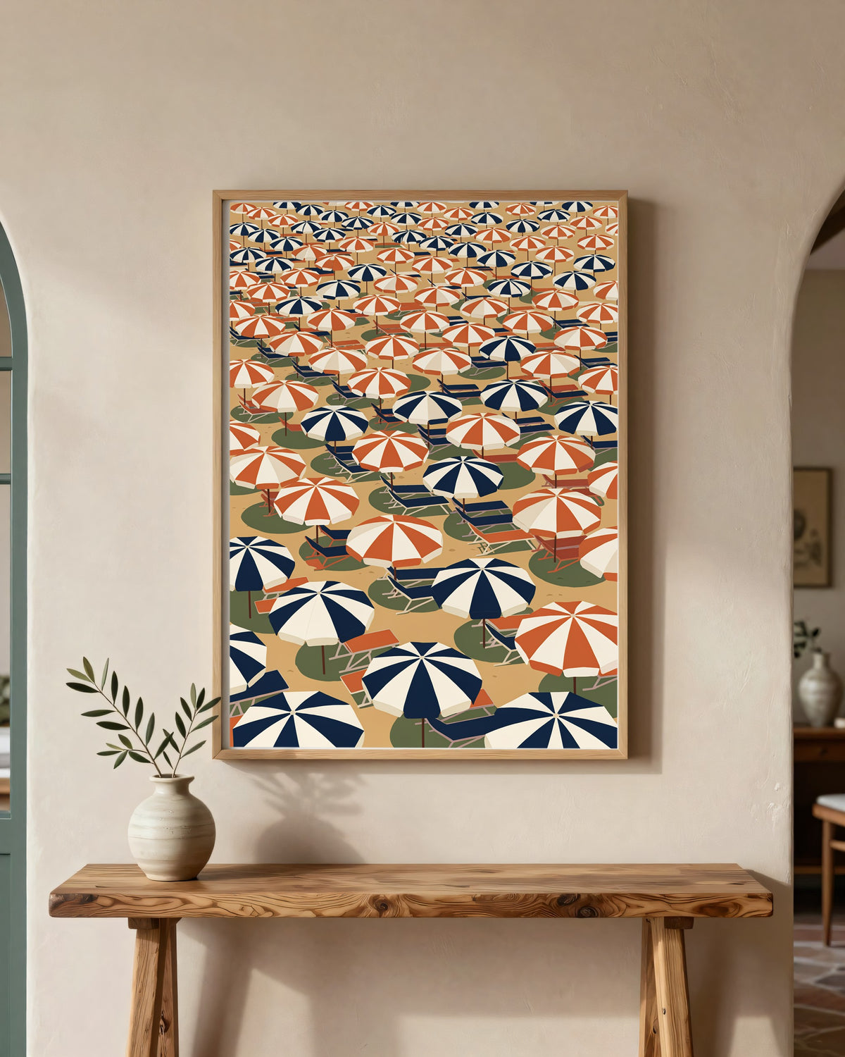 Le Tableau — Les Parasols, toile encadrée chêne clair