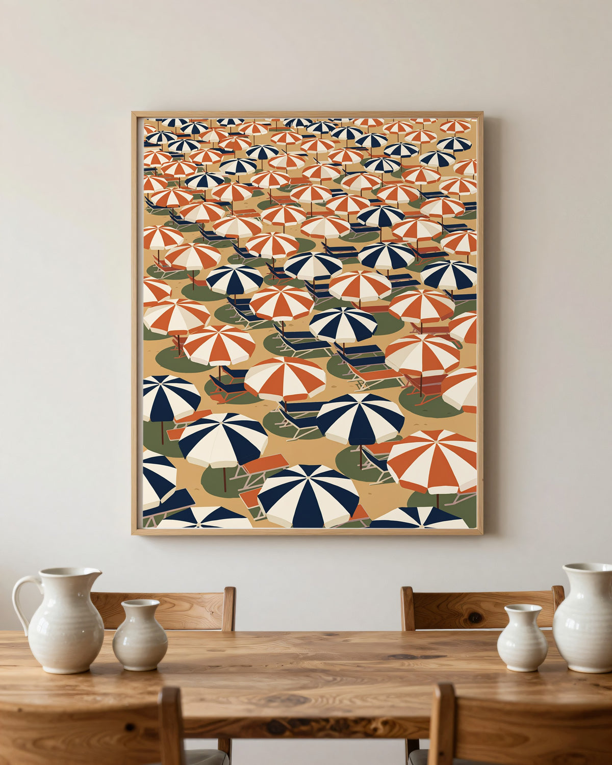 Le Tableau — Les Parasols, toile encadrée chêne clair