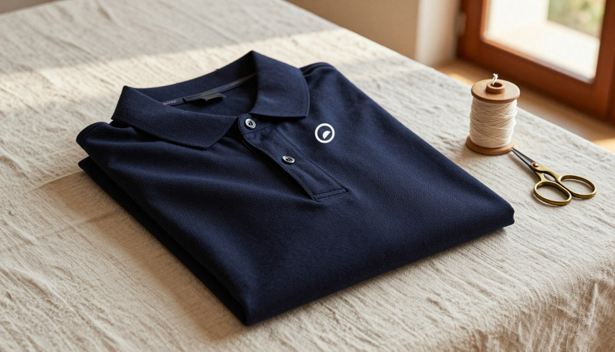 Polo marine plié au signe O au Levant brodé, bobine de fil et ciseaux d'atelier